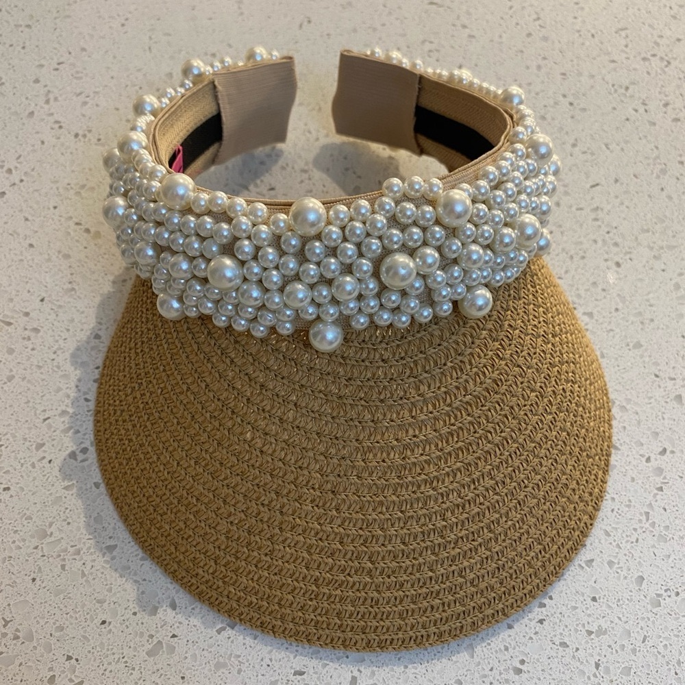 Betsey Johnson Tan Straw Visor with Pearl Embellishment